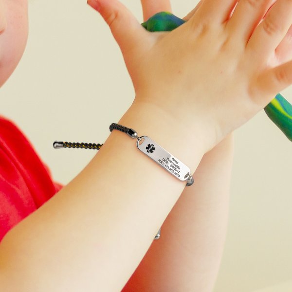 Personalized Adjustable Colorful Braided Cord Medical Emergency Alert ID Bracelet with Engraved Star of Life and Text Gift for Allergy Autism Kids