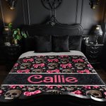 Personalisierte Gothic 3D Skulls Pink Coquette Bow Soft Throw Blanket mit Namen Home Decor Geburtstag Halloween Geschenk für Gothic-Enthusiasten