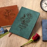 Carnet en Cuir Personnalisé avec Fleur de Naissance et Nom Cadeau Noël Anniversaire pour Familles et Amis