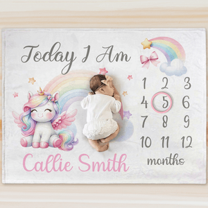 Coperta personalizzata fantasia unicorno arcobaleno bambino mese pietra miliare morbido con nome compleanno Nursery Decor Baby Shower regalo per neonato