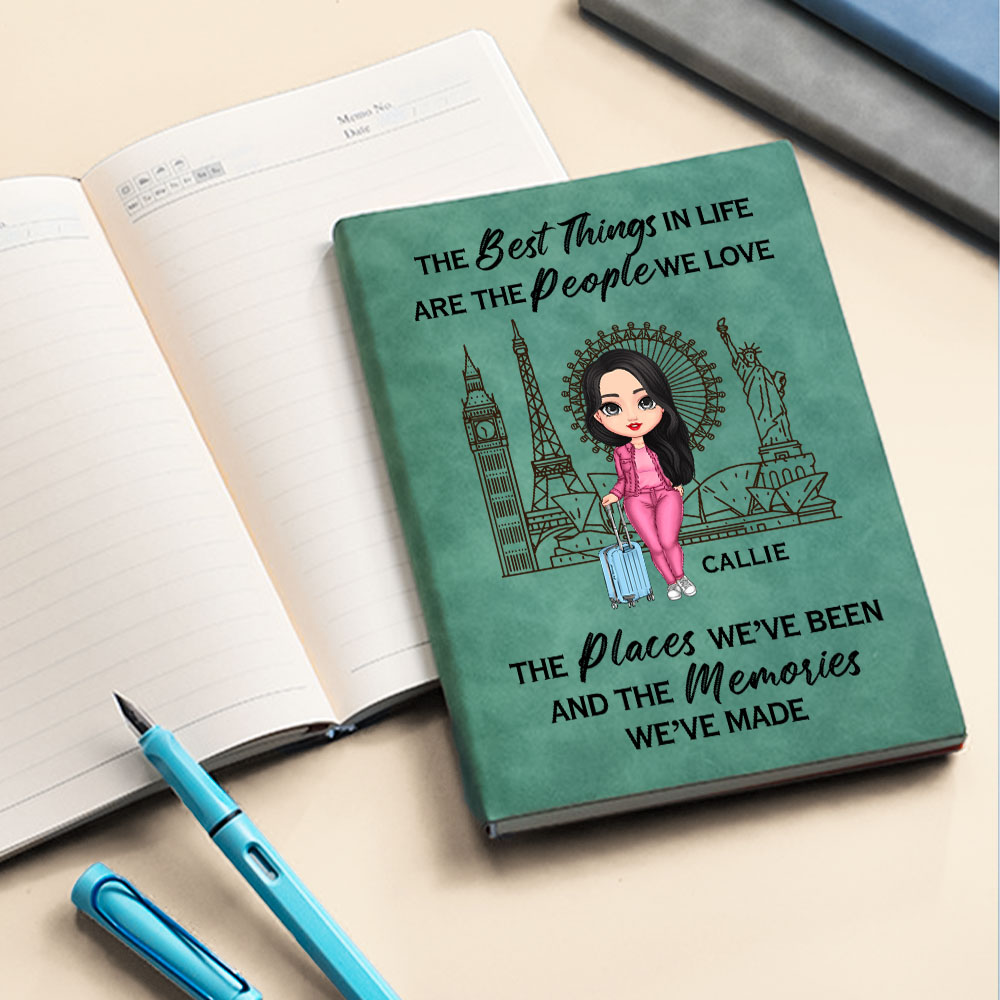 Journal de voyage personnalisé avec personnage de dessin animé 200 pages en cuir avec nom et texte Cadeau d'anniversaire pour les amis voyageurs