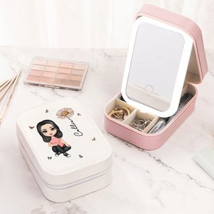 Portagioie in pelle PU personalizato con personaggio cartone animato fiore di nascita specchio LED a tre colori regalo di compleanno viaggio per donne