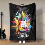 Couverture Personnalisée avec Nom et Guitare Électrique à Encre Jaillie Salle de Musique Cadeau Fête de Musique pour Guitariste