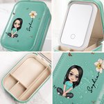 Personalized Cartoon Character Birth Flower Leather Jewelry Box with LED Three-color Makeup Mirror Travel Essential Birthday Gift for Women