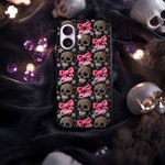 Personalized Gothic 3D Skulls Pink Coquette Bow TPU Phone Case for iPhone with Name Birthday Halloween Gift for Gothic Enthusiast