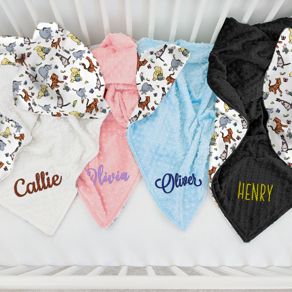 Discover Personalized Cute Classic Winnie the Pooh Soft Baby Security Blanket with Dotted Backing and Embroidery Name Baby Shower Birthday Gift for Boys Girls