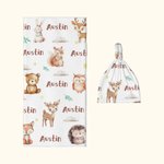 Personalized Bear Squirrel Woodland Animal Swaddle Blanket and Hat Set with Name Birthday Baby Shower Gift for Newborn Kids