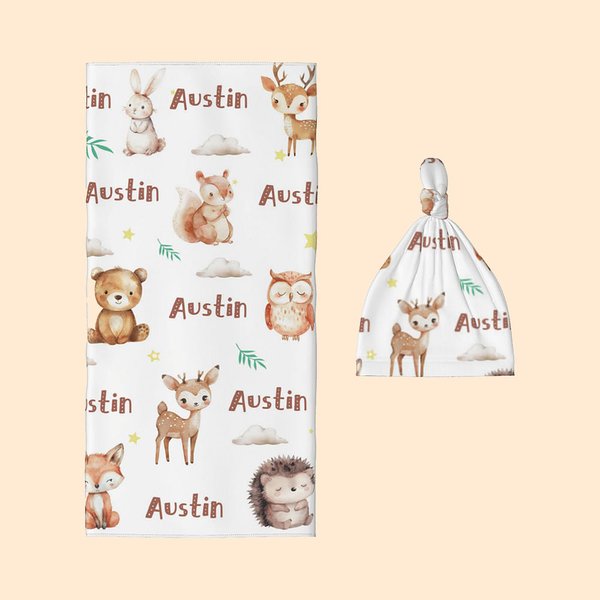 Personalized Bear Squirrel Woodland Animal Swaddle Blanket and Hat Set with Name Birthday Baby Shower Gift for Newborn Kids