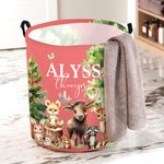 Personalized Cute Forest Animal Collapsible Laundry Storage Basket with Name and Handle Birthday Christmas Gift for Boys Girls