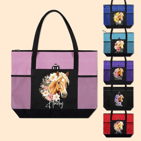 Personlig Födelseblomma Häst Födelsemärke Namn Stor tygkasse med dragkedja Födelsedag Julklapp för kvinnor Hästälskare