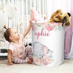Personalized Floral Elephant Waterproof Oxford Cloth Portable Toy Storage Laundry Basket with Name Birthday Gift for Children