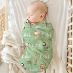 Personalized Jungle Safari Animal Swaddle Blanket and Hat Set with Name Birthday Baby Shower Gift for Newborn Kids