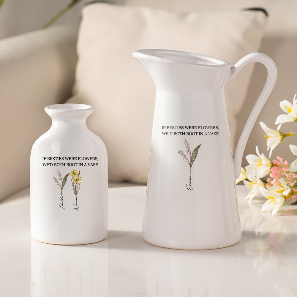 Personalized Retro 1-10 Birth Flower Ceramic Flower Vase with Name Christmas Birthday Gift for Sisters Besties
