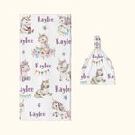 Personalized Fantasy Unicorn Swaddle Blanket and Hat Set with Name Birthday Baby Shower Gift for Newborn Kids