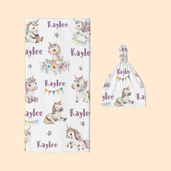 Personalized Fantasy Unicorn Swaddle Blanket and Hat Set with Name Birthday Baby Shower Gift for Newborn Kids