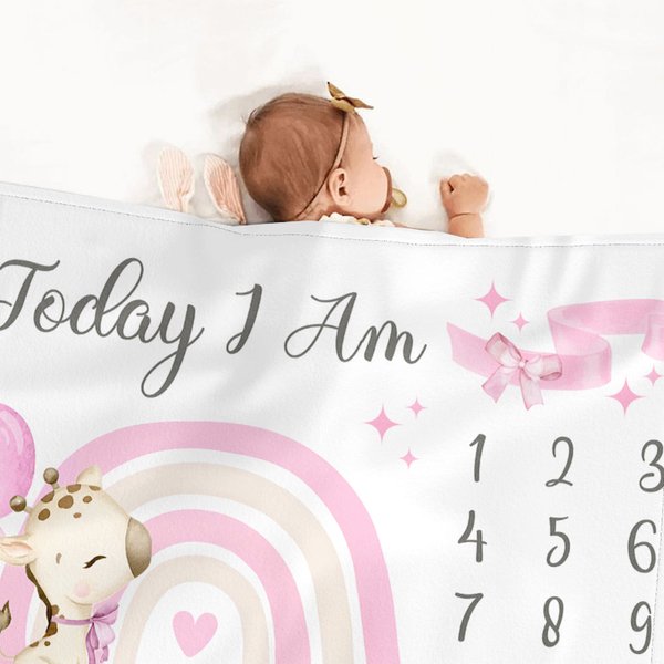 Coperta morbida personalizzata Giraffe Rainbow Bow-knot Milestone con nome Baby Shower Regalo per la nuova mamma del neonato