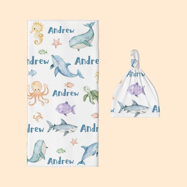 Personalisierte Delphin Hai Ozean Tier Swaddle Decke und Hut Set mit Namen Geburtstag Baby Dusche Geschenk für neugeborene Kinder