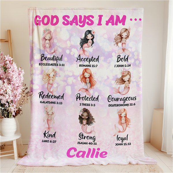 Personalized Colorful Mermaid Princess God Says I Am Soft Blanket with Bible Verse and Name Nursery Decor Baby Shower Baptism Gift for Girls