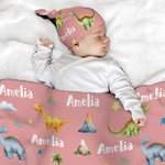 Personalized Cute Dinosaur Swaddle Blanket and Hat Set with Name Birthday Baby Shower Gift for Newborn Kids