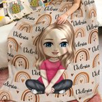 Personalised Cute Cartoon Character Heart Rainbow Soft Throw Warm Blanket with Repeating Names Birthday Christmas Gift for Family Boys Girls