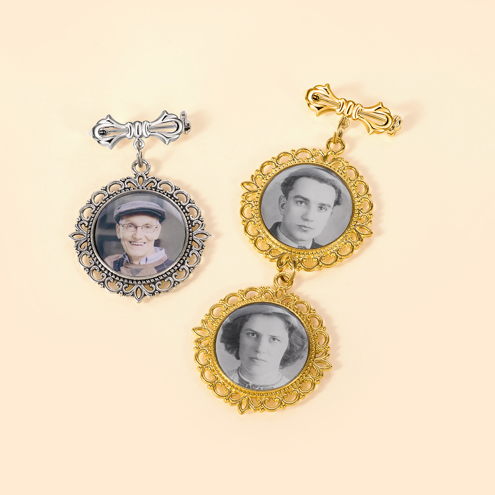 Broche rétro personnalisée en dentelle avec nœud papillon 1-2 photos Broche Bouquet Photo Charm Cadeau commémoratif de mariage pour la mariée et le marié