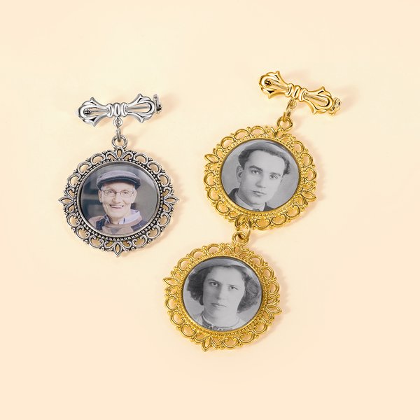 Personalized Retro Lace Bow-knot 1-2 Photos Brooch Pin Bouquet Photo Charm Wedding Memorial Gift for Bride Groom