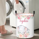 Personalized Floral Elephant Waterproof Oxford Cloth Portable Toy Storage Laundry Basket with Name Birthday Gift for Children