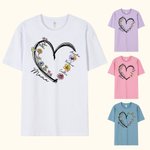 Personalized Heart Watercolor Birth Flower Crewneck T-shirt with 1-6 Kid Names Birthday Mother's Day Gift for Mom Grandma