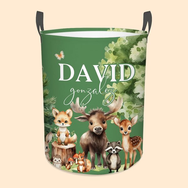 Personalised Cute Forest Animal Collapsible Laundry Storage Basket with Name and Handle Birthday Christmas Gift for Boys Girls