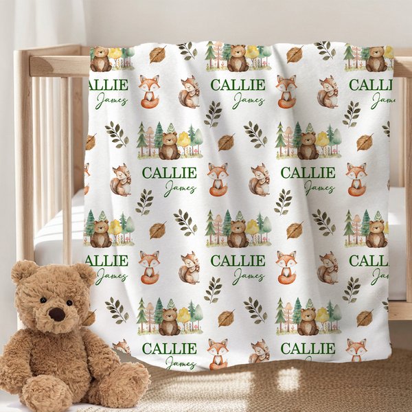 Couverture Douce Personnalisée avec Animaux de la Forêt et Nom Cadeau Noël Anniversaire pour Garçons Filles