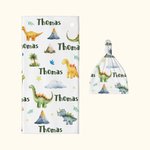 Personalized Cute Dinosaur Swaddle Blanket and Hat Set with Name Birthday Baby Shower Gift for Newborn Kids