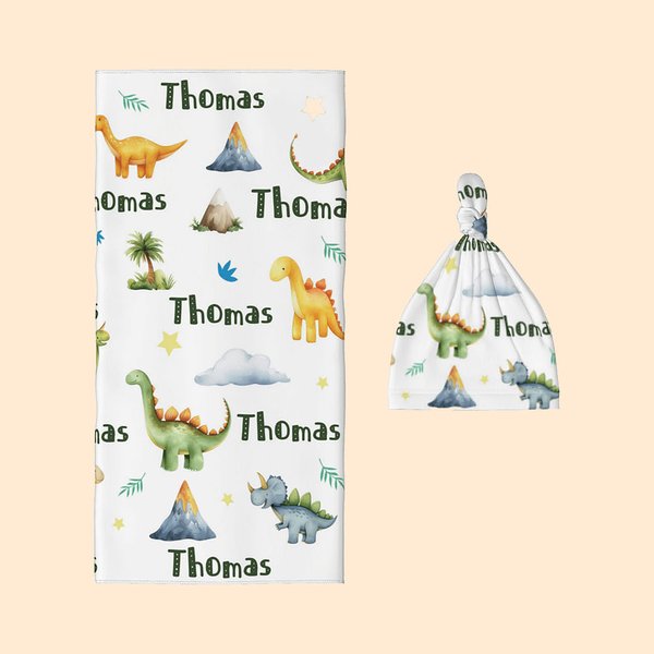 Couverture et bonnet d'emmaillotage pour dinosaures avec nom Cadeau d'anniversaire pour nouveau-né et enfant
