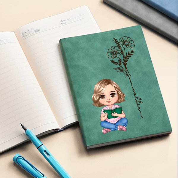 Personalised Cartoon Reading Girl Boy 100 Pages Leather Lined Journal Notebook with Birth Flower and Name Birthday Gift for Kid Bookworm