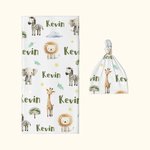 Personalized Jungle Safari Animal Swaddle Blanket and Hat Set with Name Birthday Baby Shower Gift for Newborn Kids