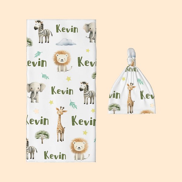 Personalized Jungle Safari Animal Swaddle Blanket and Hat Set with Name Birthday Baby Shower Gift for Newborn Kids