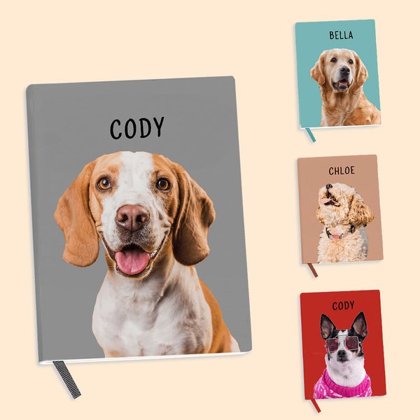 Henkilökohtainen söpö lemmikkieläinten muotokuva A5 muistikirja nimellä Syntymäpäivälahja lemmikkieläinten ystäville