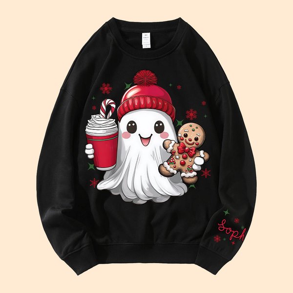 Personalized Cute Christmas Hat Ghost Gingerbread Man Sweatshirt with Name Christmas Gift for Friends Family