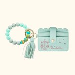 Personalised Leather Card Holder with Hand-drawn Style Zodiac Sign and Name Portable Tassel Bead Bracelet Birthday Anniversary Gift for Women