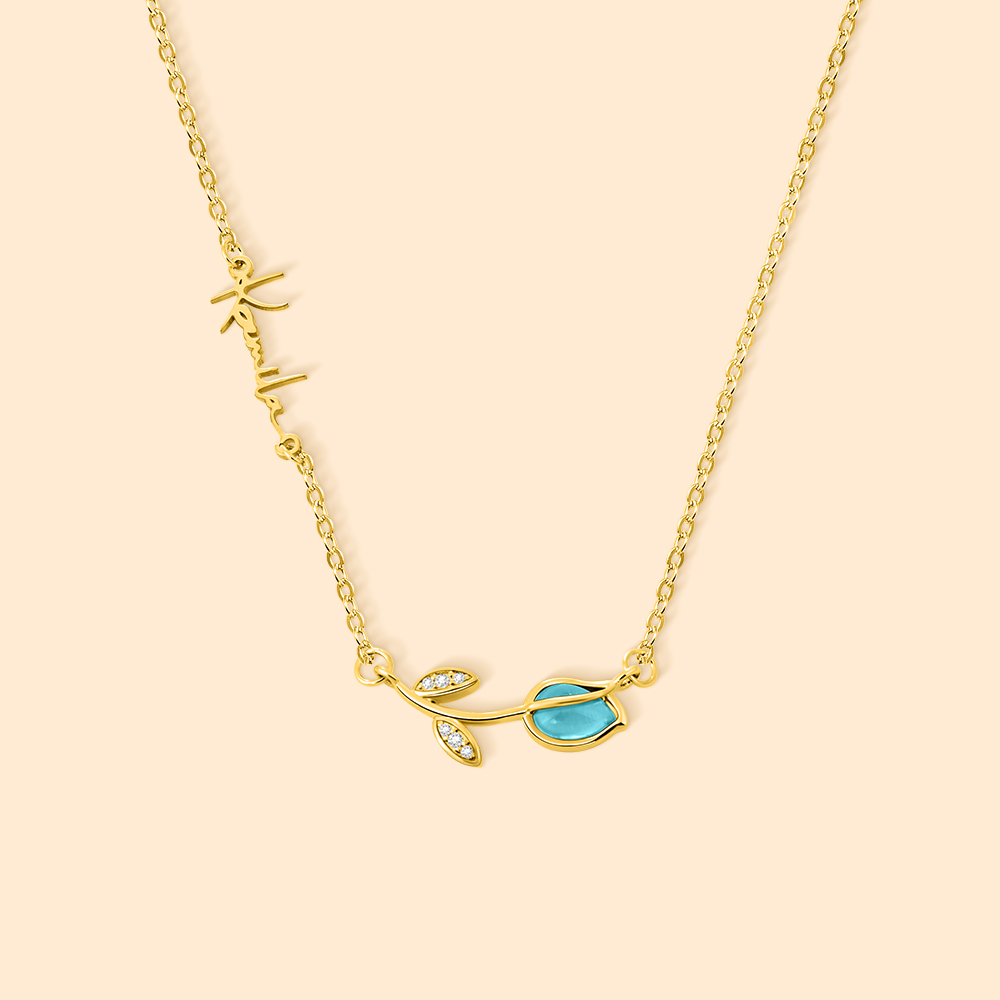 Collier Minimaliste Personnalisé Tulipe Pierre de Naissance avec Nom Latéral Noël Fête des Mères Anniversaire Cadeau pour Femme