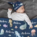 Personalisierte Delphin Hai Ozean Tier Swaddle Decke und Hut Set mit Namen Geburtstag Baby Dusche Geschenk für neugeborene Kinder
