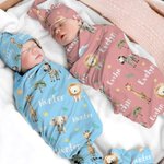 Personalized Jungle Safari Animal Swaddle Blanket and Hat Set with Name Birthday Baby Shower Gift for Newborn Kids
