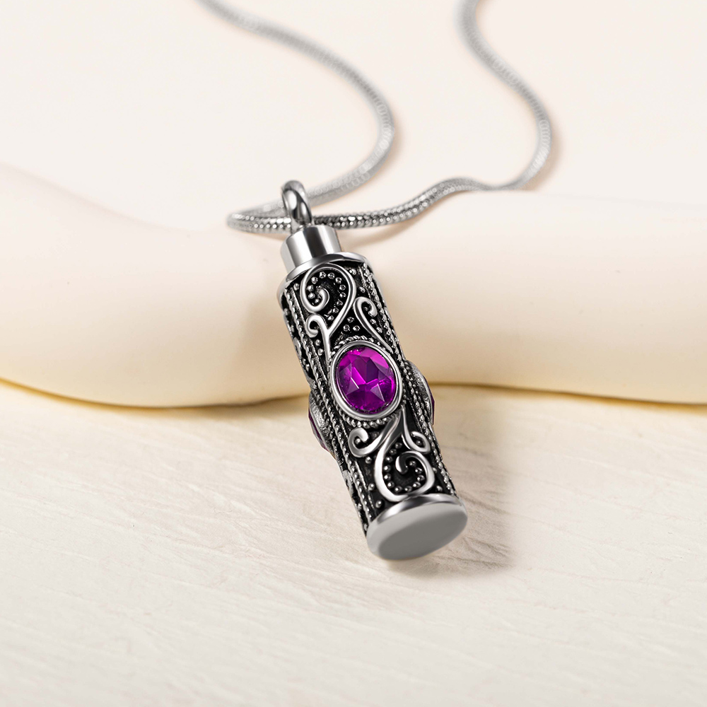 Personnalisé Vintage sculpté motif Cylindre Urne pendentif avec pierres précieuses bijoux de crémation Memorial Sympathy Gift for Women