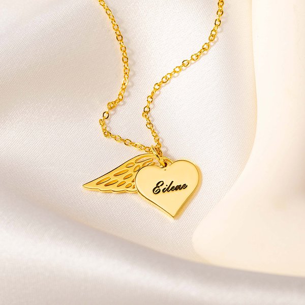 Personalized Angel Wing Heart Necklace with Engraved Name Memorial Sympathy Gift for Women