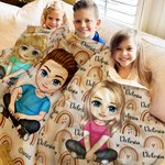 Personalised Cute Cartoon Character Heart Rainbow Soft Throw Warm Blanket with Repeating Names Birthday Christmas Gift for Family Boys Girls