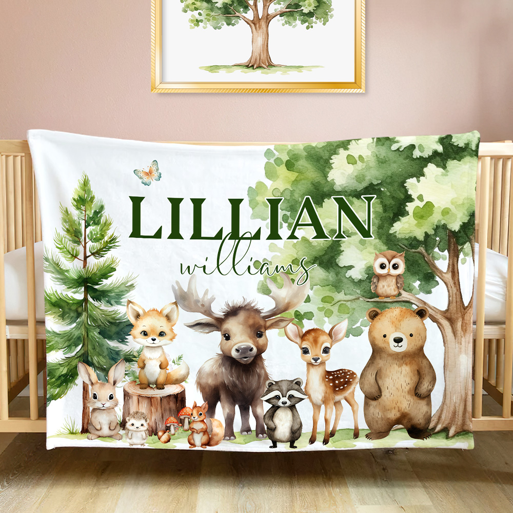 Personalised Cute Forest Animals Fox Rabbit Soft Throw Blanket with