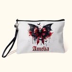 Personalized Gothic Dripping Font Skull Bat Bow Makeup Bag with Name and Wrist Strap Travel Accessory Halloween Gift for Women Gothic Lover
