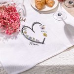 Personalised Heart 1-6 Birth Flowers 100% Cotton Quick Drying Waffle Tea Towel with Names Kitchen Decor Housewarming Gift for Mom Grandma