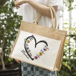 Personalised Heart 1-6 Birth Flower Reusable Jute Tote Bag with Names Christmas Birthday Gift for Grandma Mom