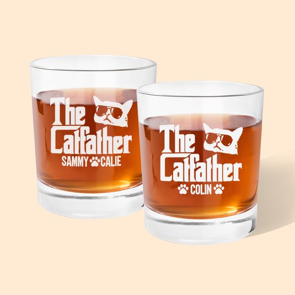 Personalisierte Coole Katze Vater Vater 10oz graviert Old Fashioned Whiskey Rocks Glas mit Namen lustig Geburtstagsgeschenk für Männer Katzenbesitzer