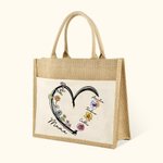 Personalised Heart 1-6 Birth Flower Reusable Jute Tote Bag with Names Christmas Birthday Gift for Grandma Mom